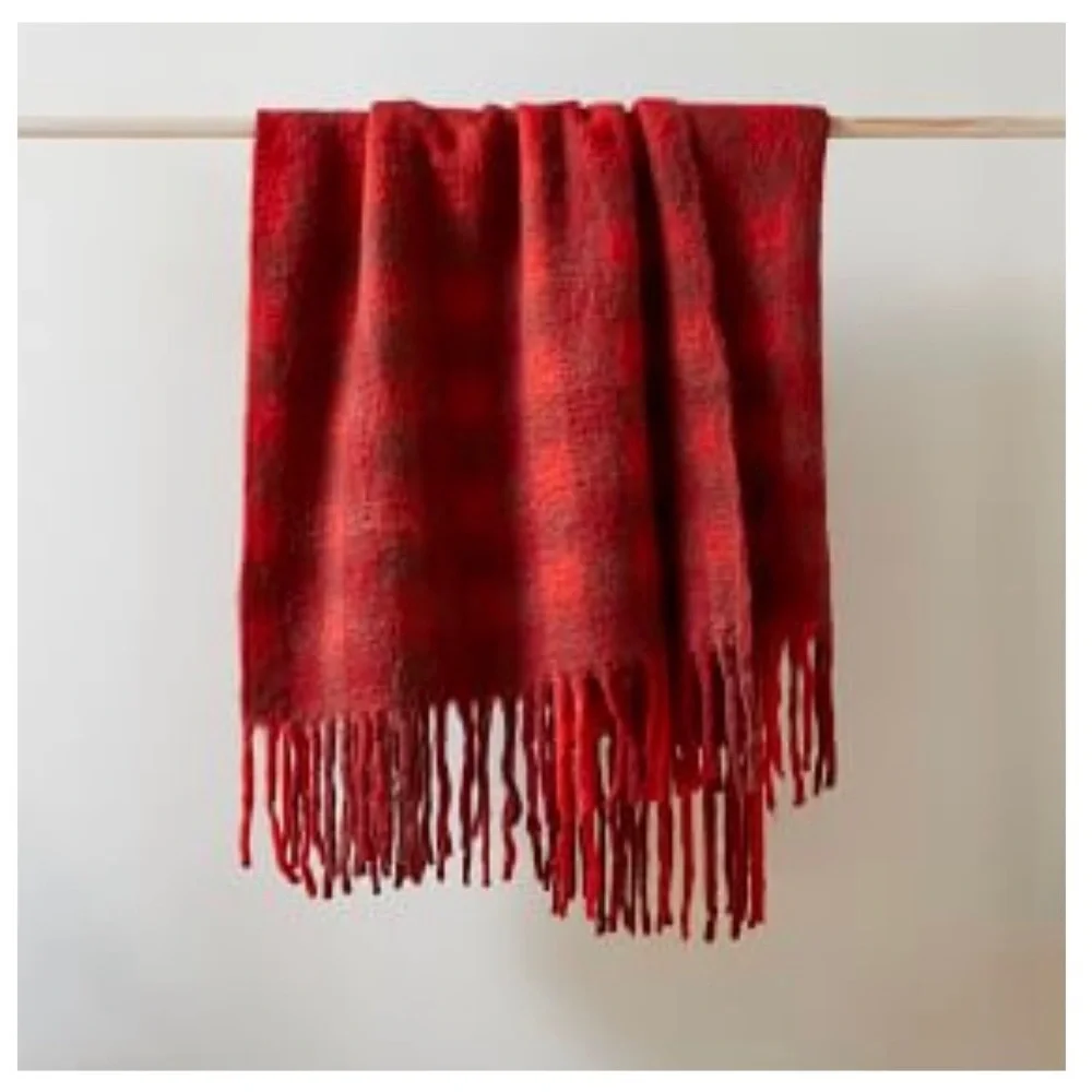 NWT red plaid faux mohair throw